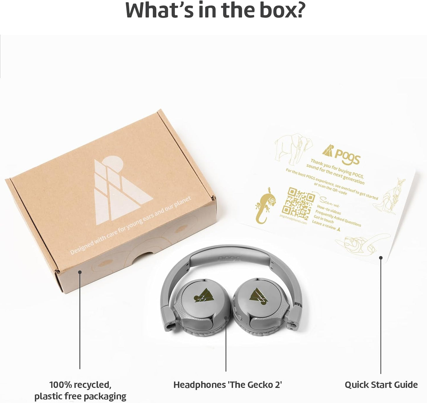 POGS Kids Bluetooth Wireless Headphones | The Gecko 2 | Foldable, Durable Headphones for Kids 3+ | Volume Limited 85 dB, Microphone | On-Ear | Wireless Music-Sharing Function (rGrey)