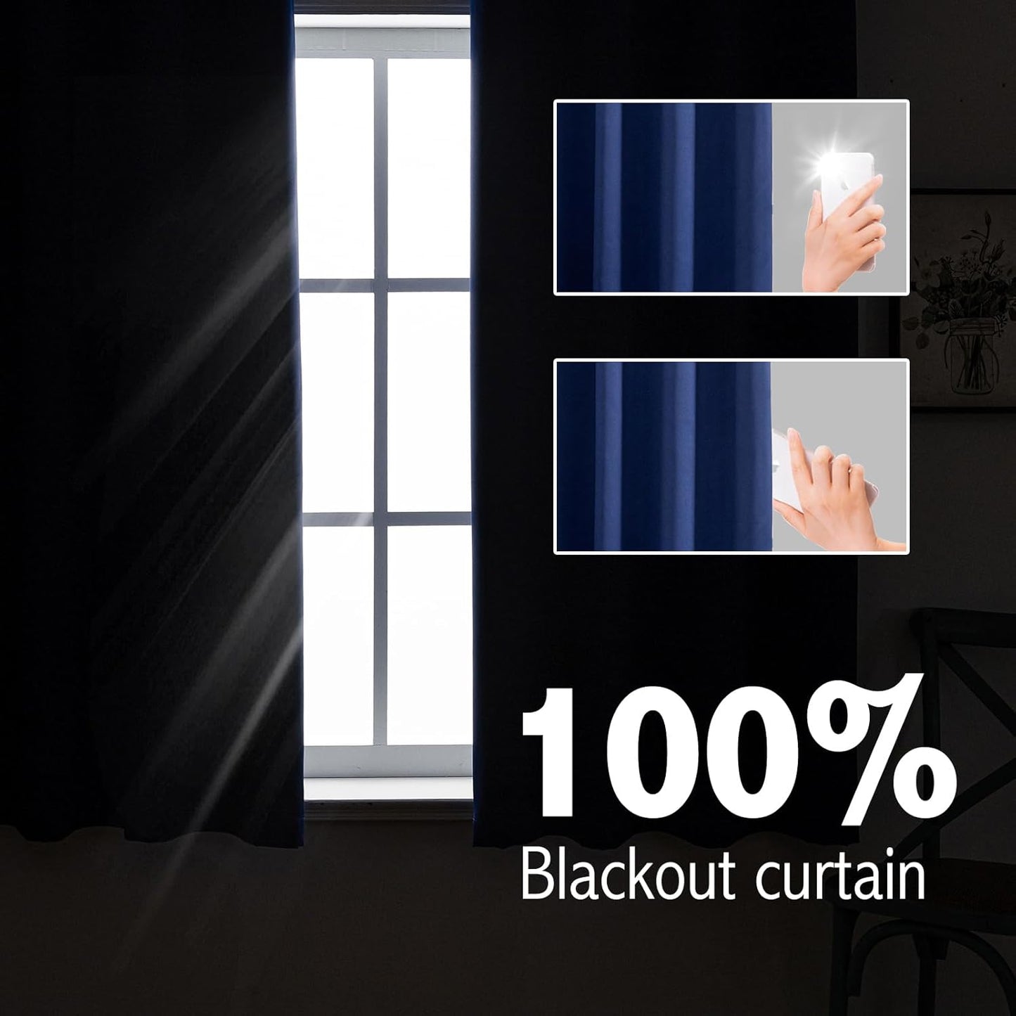 Anytime 100% Blackout Curtain Set, Thermal Insulated & Energy Efficiency Window Draperies for Guest Room, Full Shading Panels for Shift Worker and Light Sleepers（Navy Blue, 2 Panels, 37W x 63L）