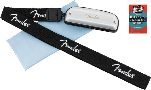 Fender Blues Junior Diatonic 8-Hole Harmonica - Key of A Bundle with Polishing Cloth and Austin Bazaar Instructional Manual