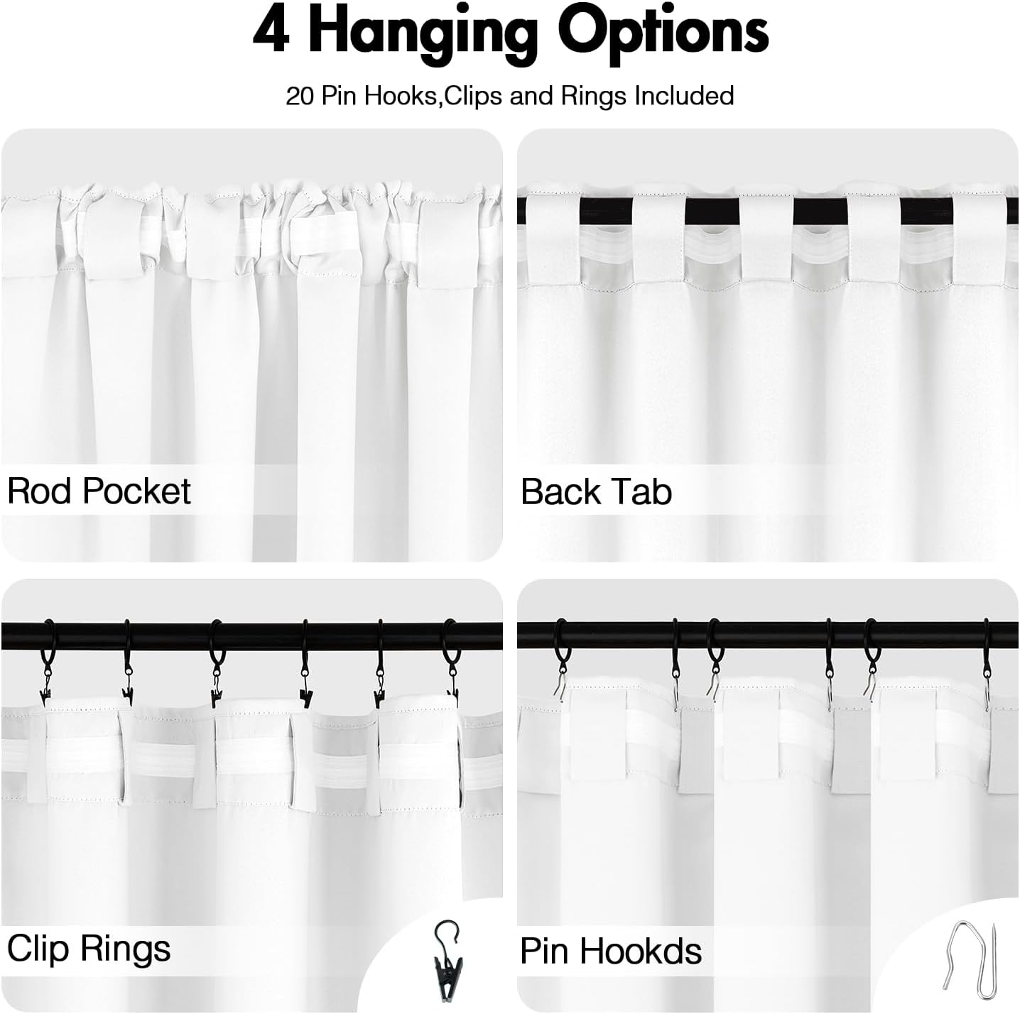 ANRODUO Back Tab Blackout Curtains for Bedroom Living Room, Rod Pocket Pinch Pleated Thermal Insulated Room Darkening Curtains 84 Inches Long 2 Panels, White, 42 x 84 Inch