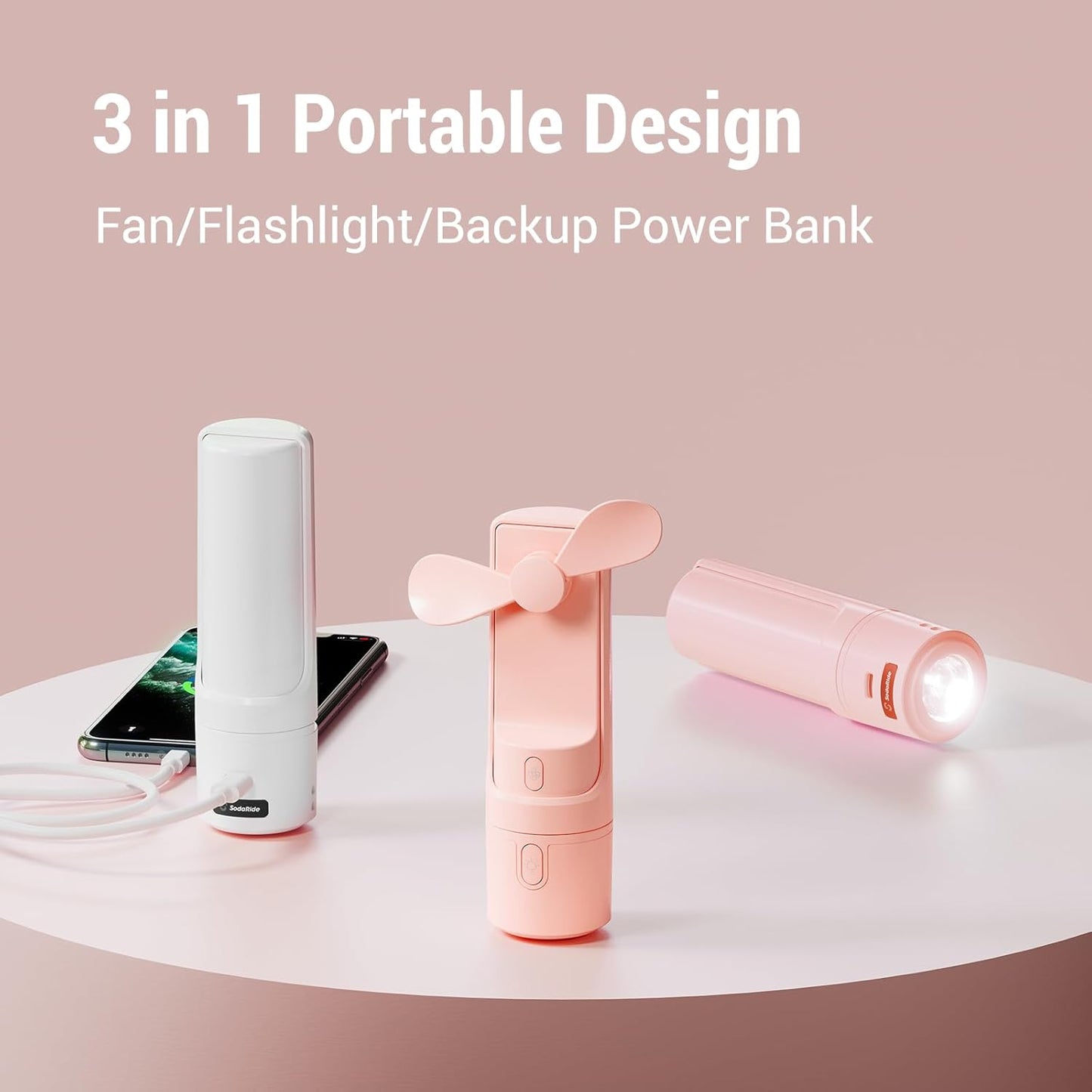 Airluxe Mini 3-in-1 Portable Fan Rechargeable- Handheld Fan with 35-Hour Battery Life, Fast Charging Power Bank&Flashlight- Personal Fan for Travel, Vacation, and Festival Essentials Pink