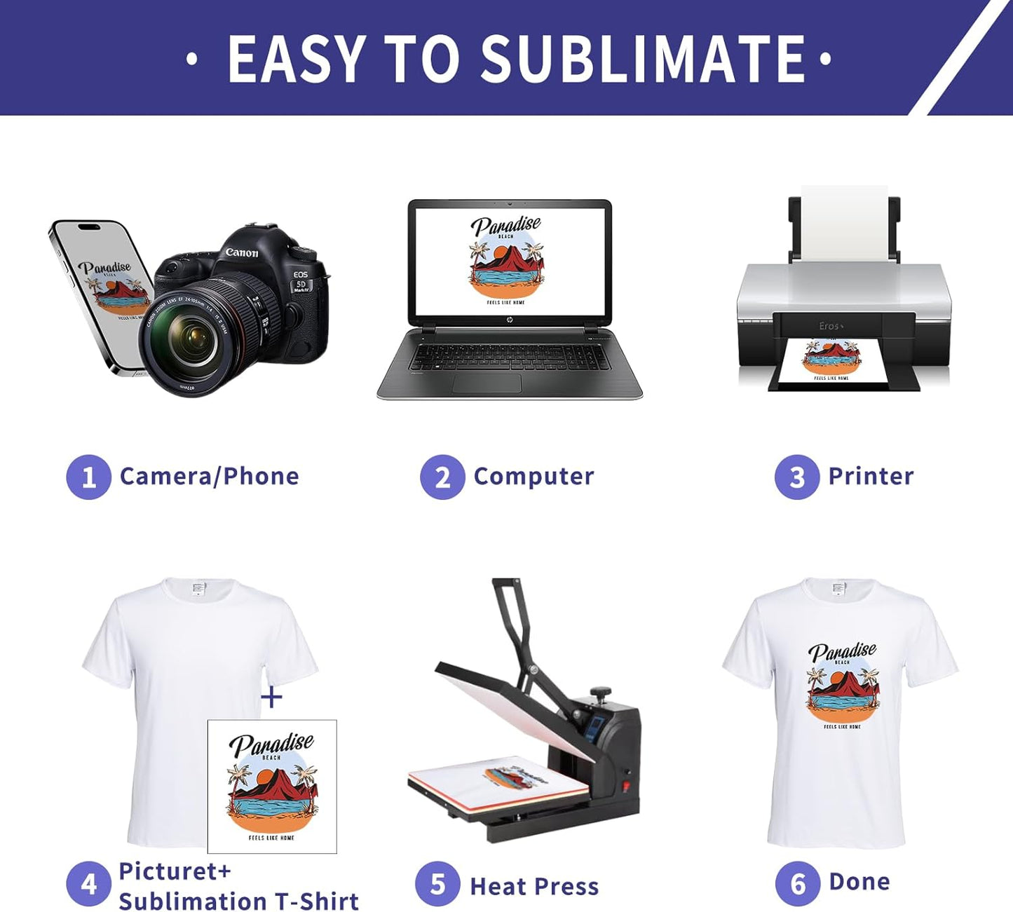 Polyester Adult T-Shirts for Sublimation, 6 Pack, White, Crew Neck, Short Sleeve