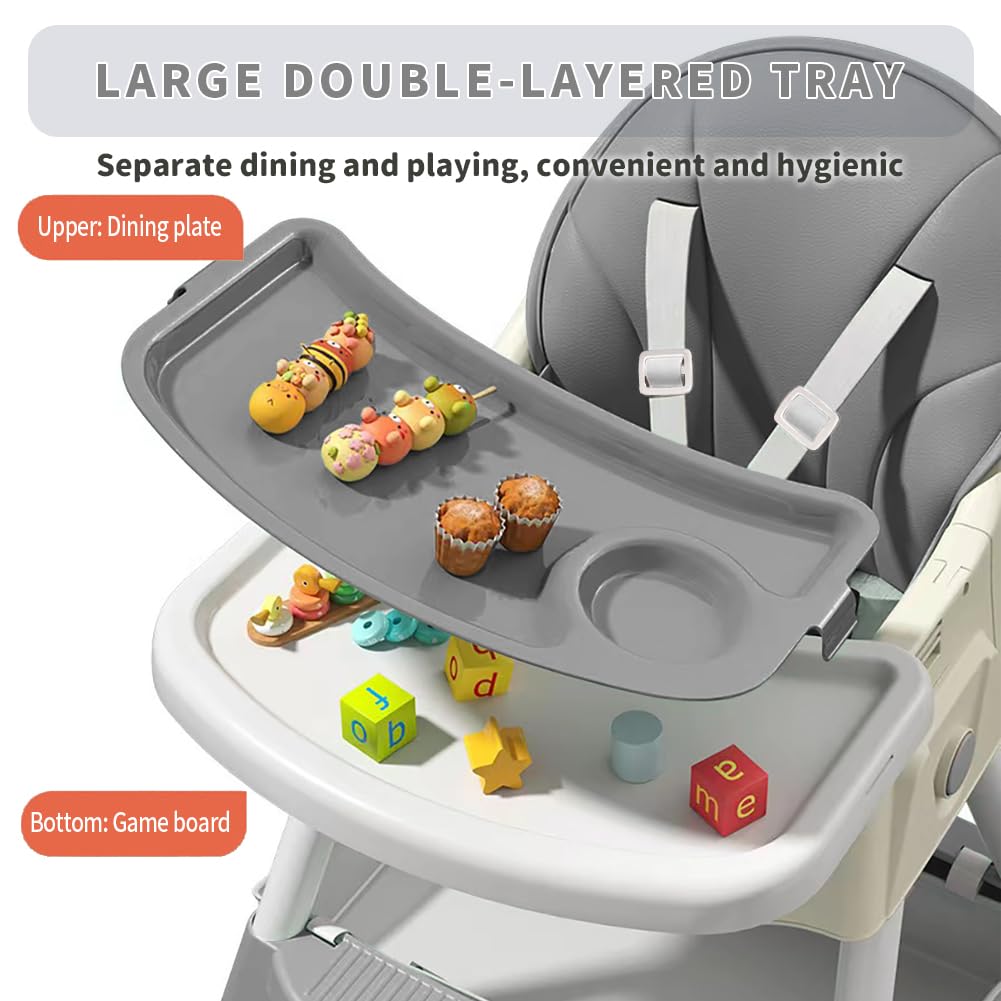 High Chairs for Babies and Toddlers, 4 in 1 Convertible Baby High Chair, Portable High Chair for Travel with Adjustable Height and Back, Foldable HighChair with Wheels& Pu Cushion (Grey)