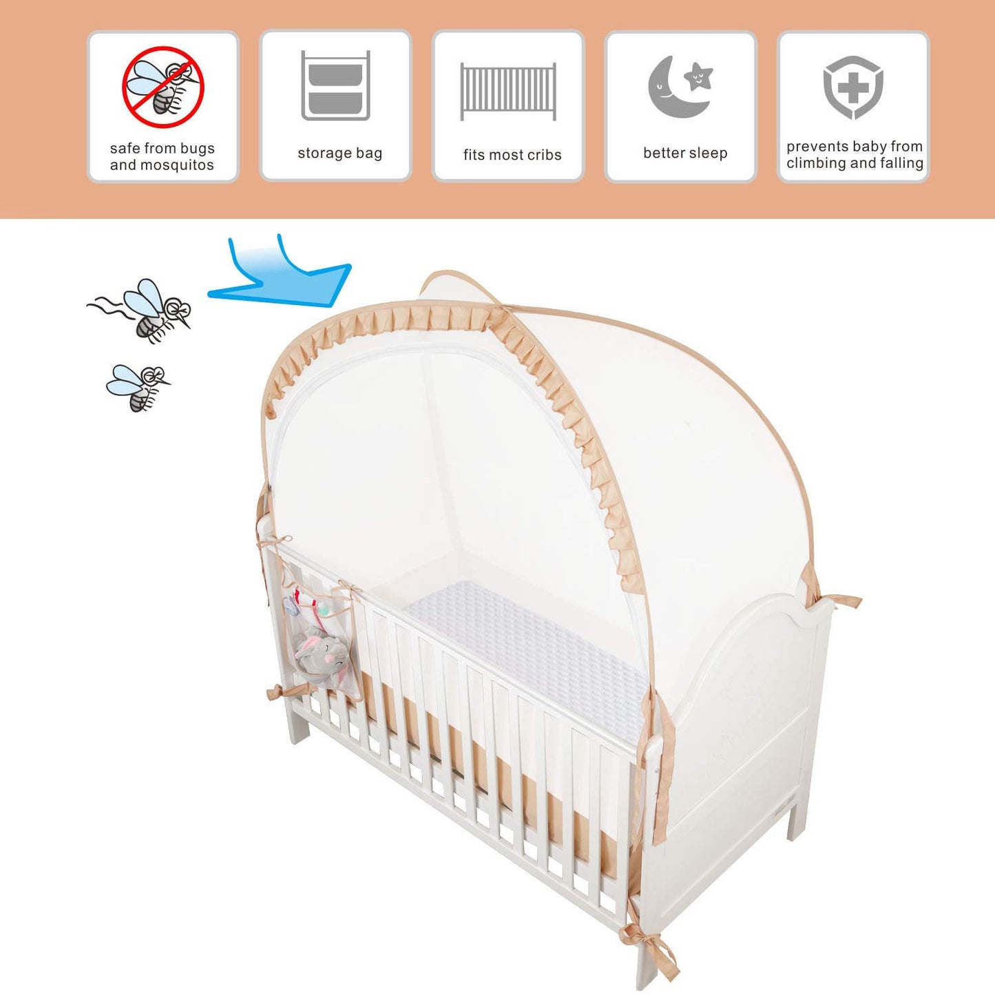 Baby Safety Crib Tent Infant Pop up Mosquito Net Nursery Bed Canopy Netting Cover - Keep Baby from Climbing Out with Hanging Diaper Storage Bag (Beige)