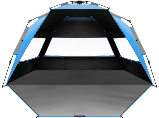 OutdoorMaster Beach Tent with Blackout Shelter Technology, Portable Beach Shade Sun Shelter Canopy for 4-6 Person with UPF 50+ UV Protection, Easy Setup Pop Up Tent Family Size