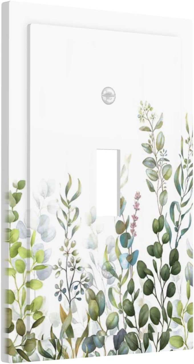 Green Eucalyptus Leaf Plant Herbs Springnature Decorative Light Switch Cover 1 Gang Single Toggle Device Electrical Faceplate Switchplates Decorator Outlet Wall Plate for Bed Room Living Room Decor