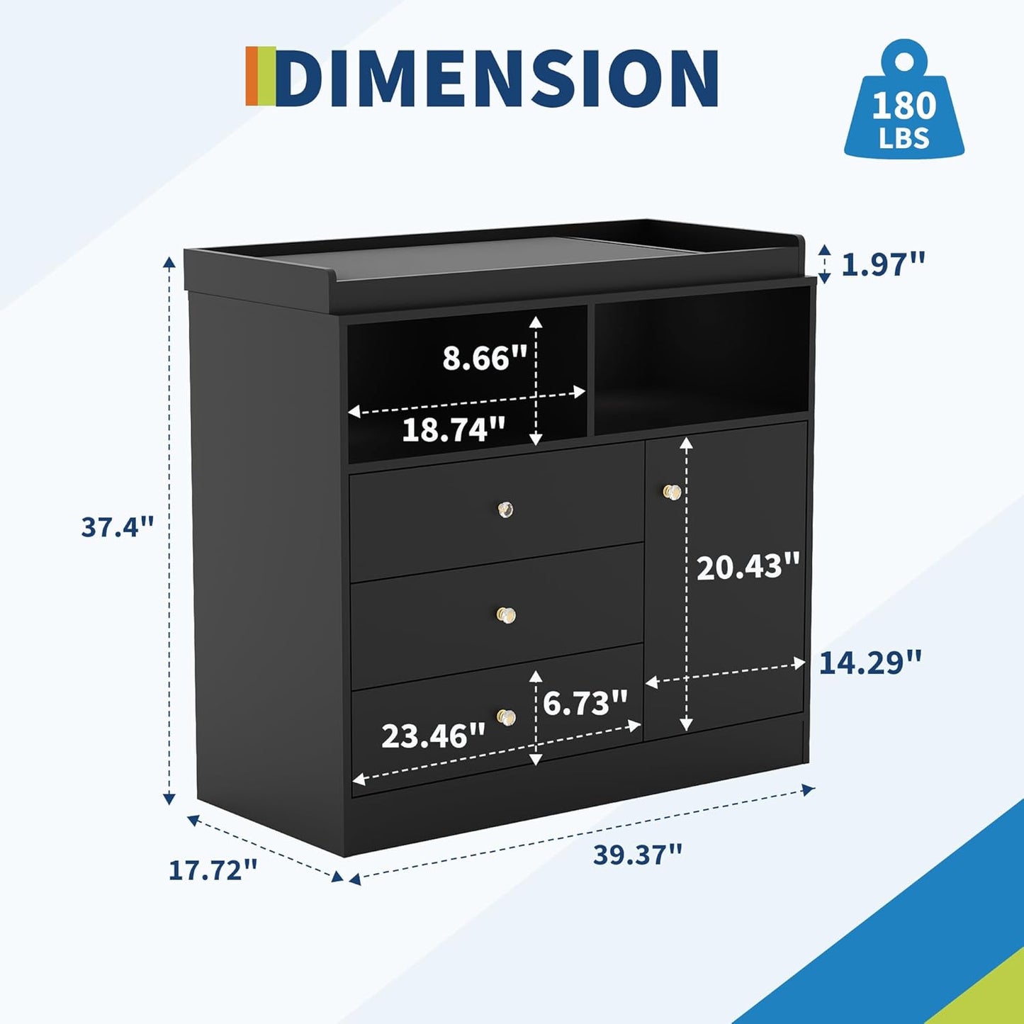 Nursery Dresser with Changing Table Top - Tall Wooden Diaper Changing Station with 2 Open Shelves, 3 Drawers, and 1 Cabinet, Ideal for Children's Room, Black