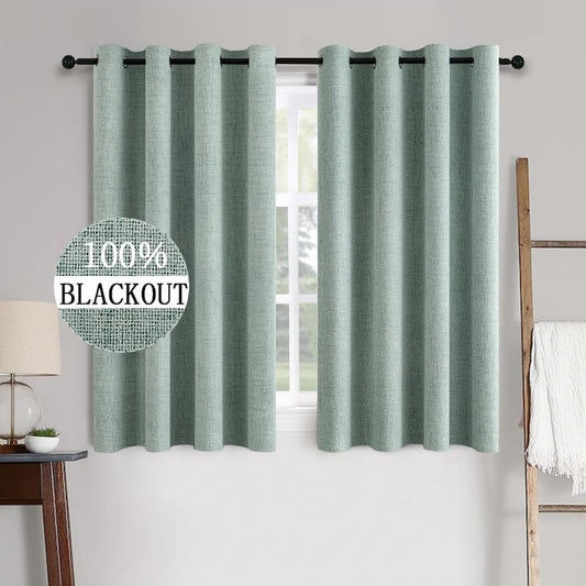 MIULEE Linen Texture Curtains for Bedroom Solid 100% Blackout Thermal Insulated Seafoam Green Curtains Grommet Room Darkening Drapes for Living Room Nursery 52x45 Inch (2 Panels)