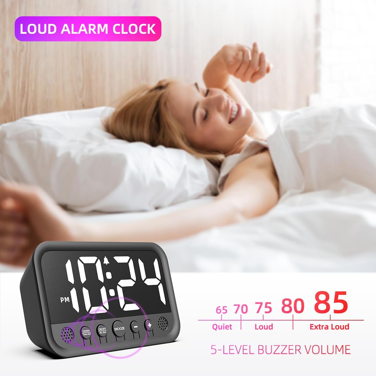 Small LED Digital Clock for Bedroom, Loud Alarm Clock for Heavy Sleepers Adults, Teens | Plug-In Electric Desk Clock | Simple Bedside Nightstand Clock with Adjustable Volume/Brightness/Snooze – White