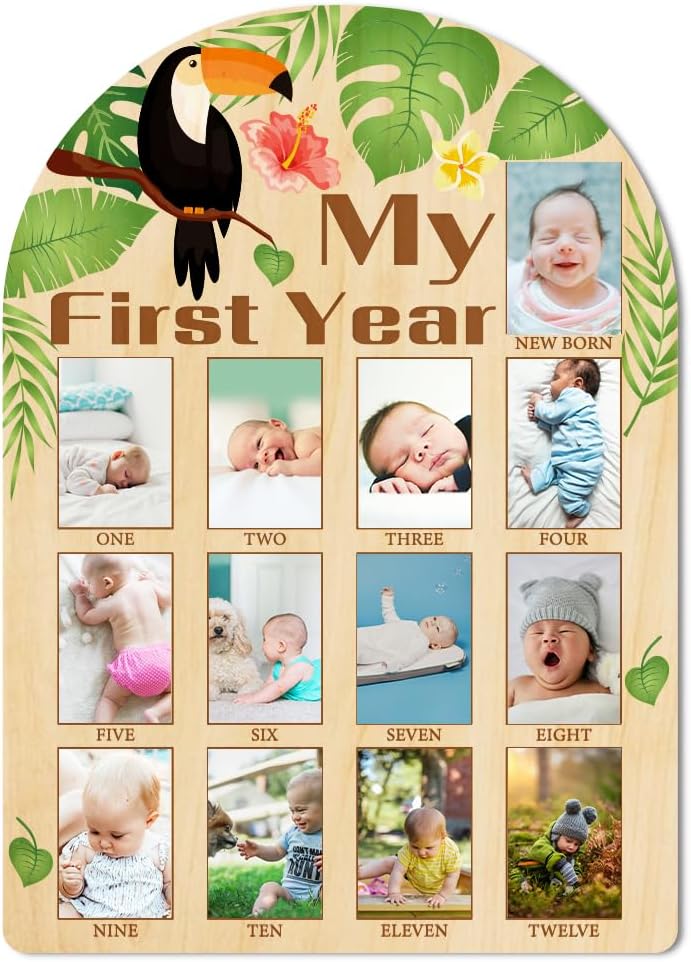 ORIGACH My First Year Baby Growth Photo Display Wood Board - 12 Months Newborn Milestones Photo Board - Neutral Baby Keepsake Board 1st Birthday Party Nursery Decor New Mom Gift - Toucan & Leaves