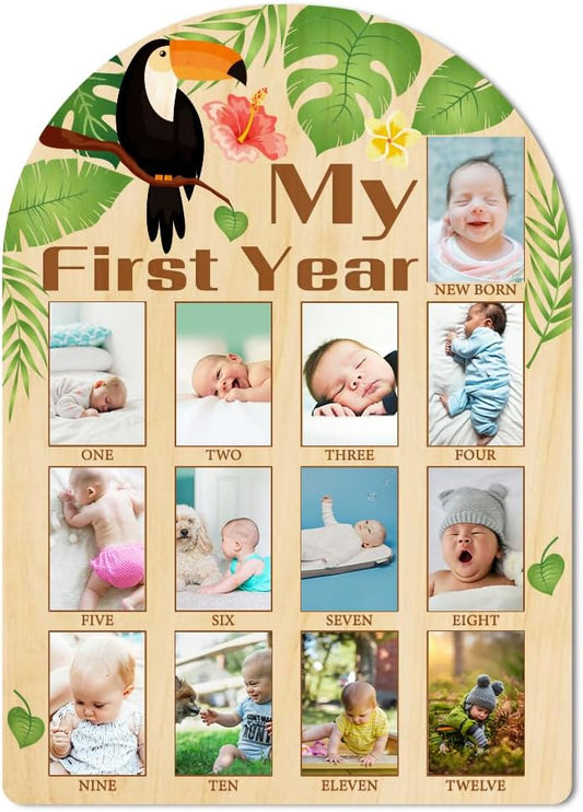 ORIGACH My First Year Baby Growth Photo Display Wood Board - 12 Months Newborn Milestones Photo Board - Neutral Baby Keepsake Board 1st Birthday Party Nursery Decor New Mom Gift - Toucan & Leaves