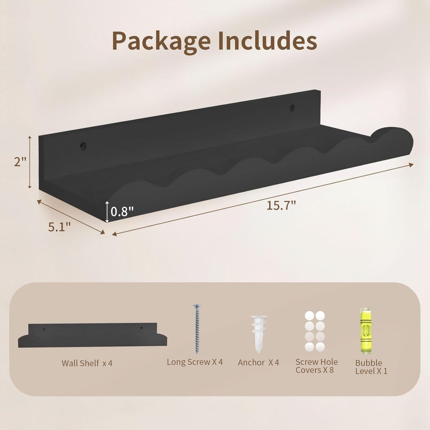 Nursery Book Shelves, 4 Pack Black Floating Shelves for Wall, Wood Scalloped Shelves for Storage Books, Wall Book Shelf for Kids Rooms, Bedroom, Toddler Room, Baby Room, Nursery Decor