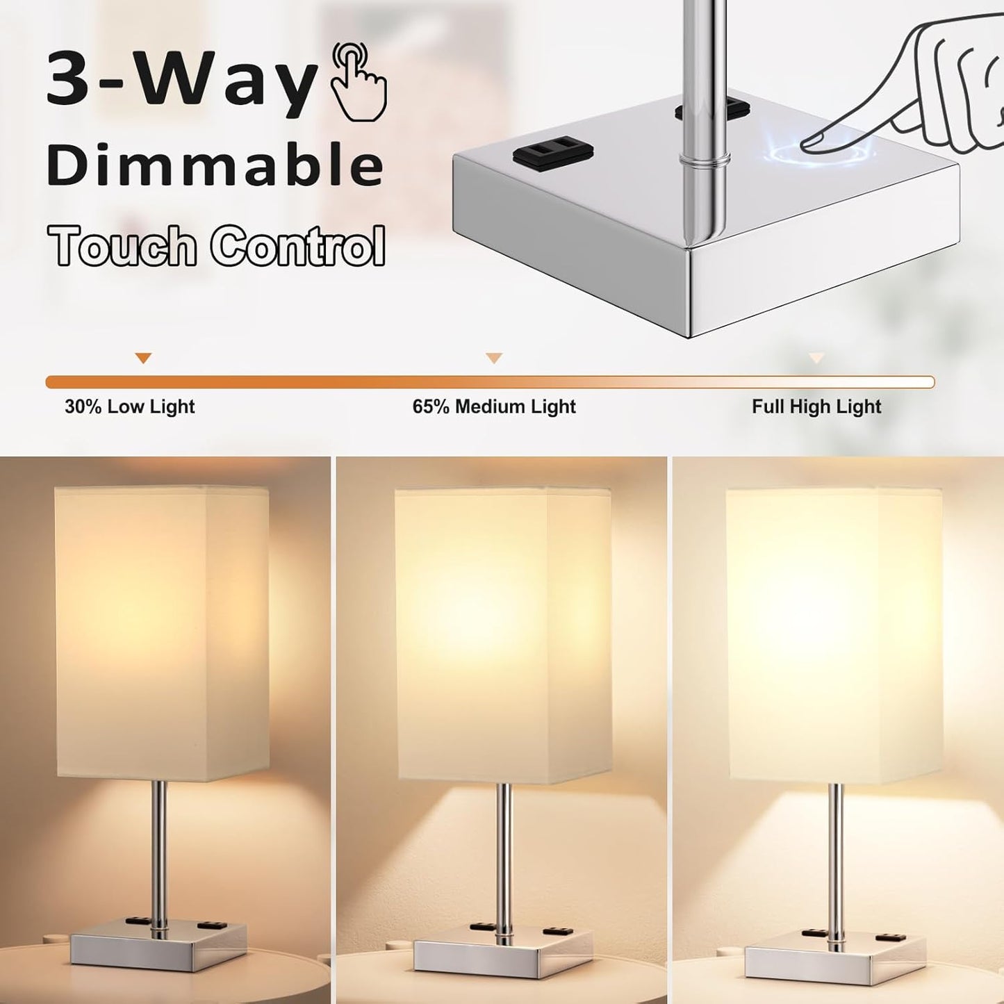 Touch Bedside Table Lamp For Nightstand - 3-Way Dimmable Night Lamp with USB A + Type C Charging Ports and two AC Outlets, Small Desk Light with E26 LED Bulb for Bedroom Living Room, WHITE PLUS