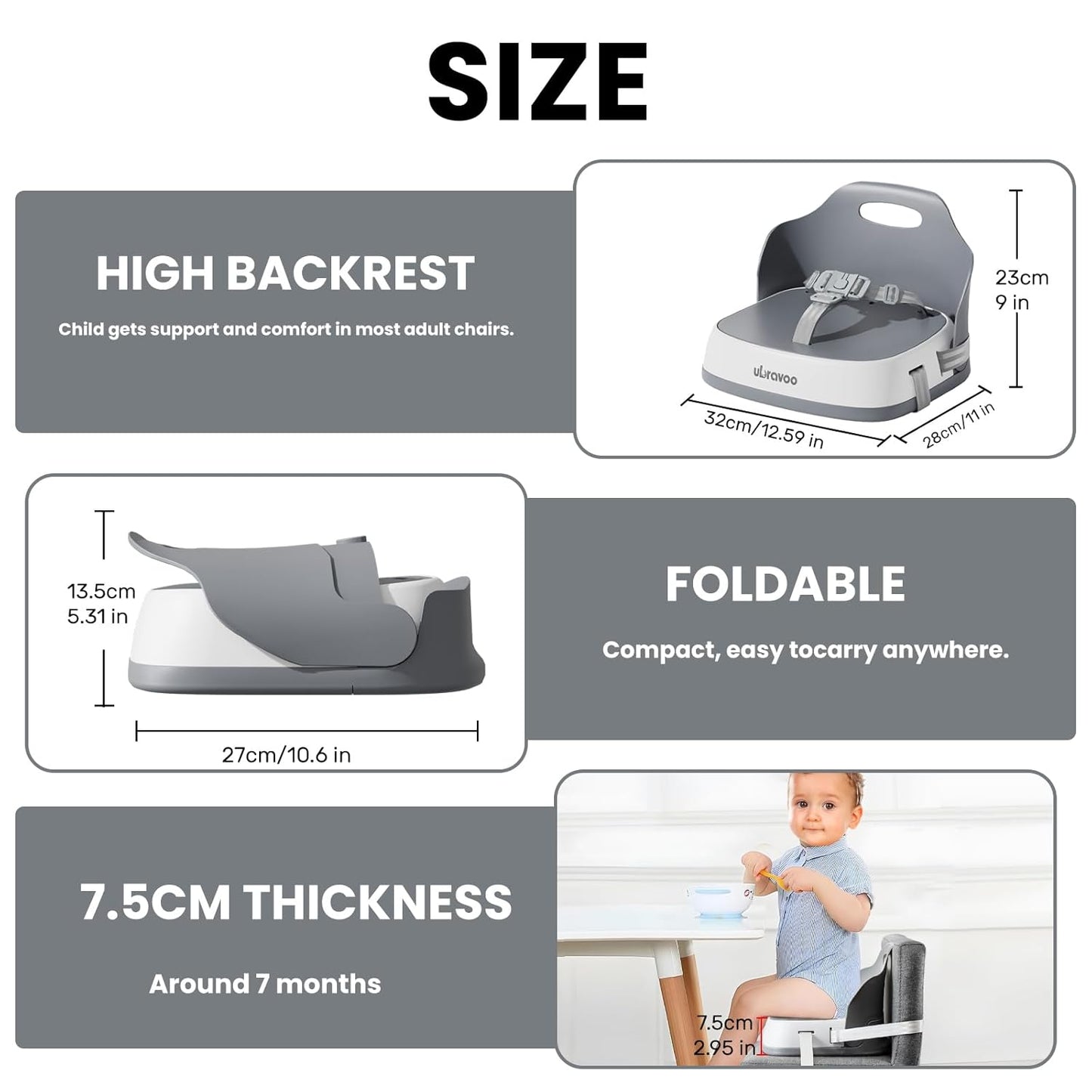 Baby Booster Seats, Toddler Booster Seat for Dining Table with Adjustable Straps, Portable Compact Portable Baby Chair for Dining and Travel (Grey)