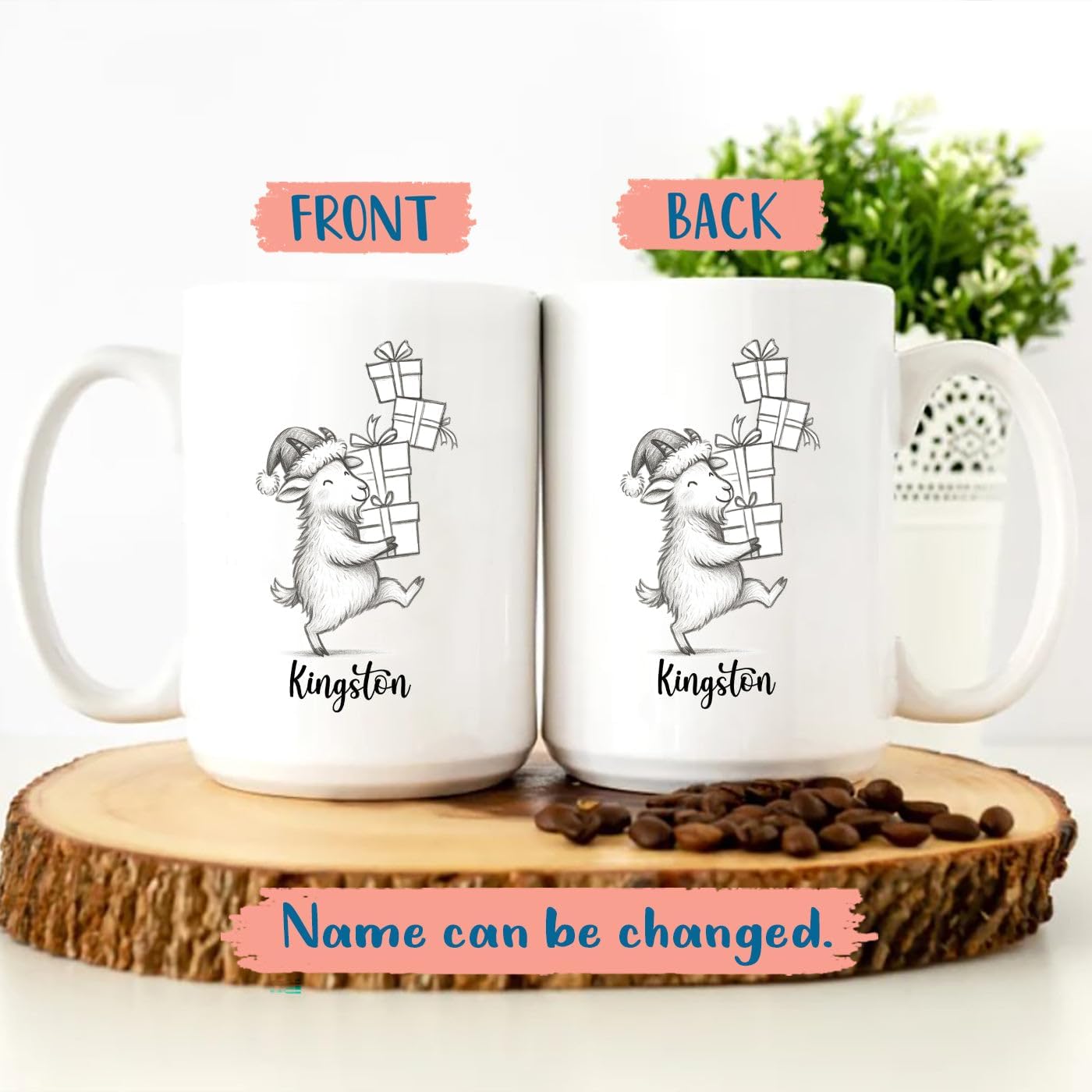 Goat Coffee Mug Gift, Personalized Name Goat Lover Ceramic Coffee Cup 11 Oz 15 Oz, Customized Goats Tea Mug Gift for Birthday/Christmas/Special Day/Holiday, Funny Animal Goats White Accent Cup