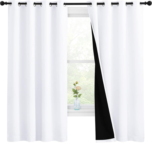 NICETOWN White 100% Blackout Lined Curtains, 2 Thick Layers Completely Blackout Window Treatment Thermal Insulated Drapes for Kitchen/Bedroom (1 Pair, 55 inches Width x 68 inches Length Each Panel)