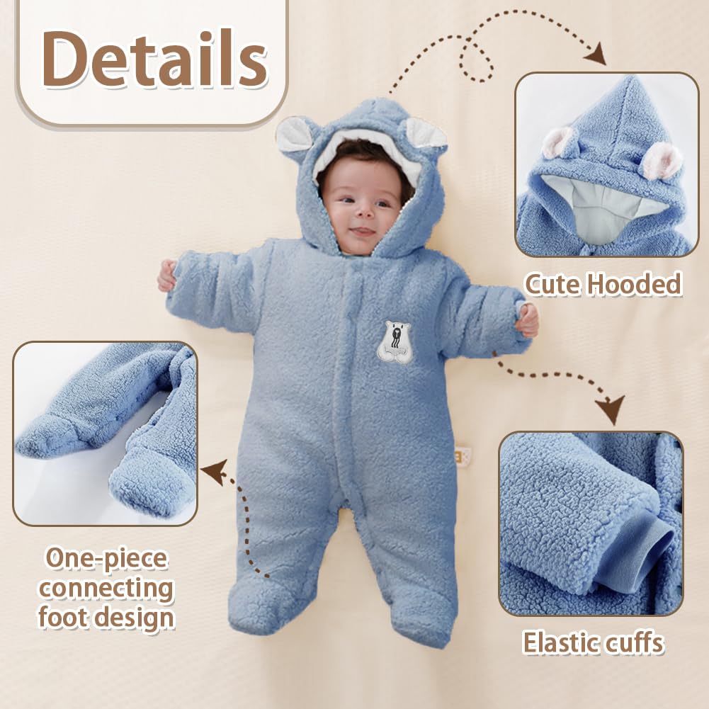 XIFAMNIY Newborn Fleece Footie Jumpsuit Hooded Warm Thicken Winter Outwear Snowsuit for Baby Girls and Boys