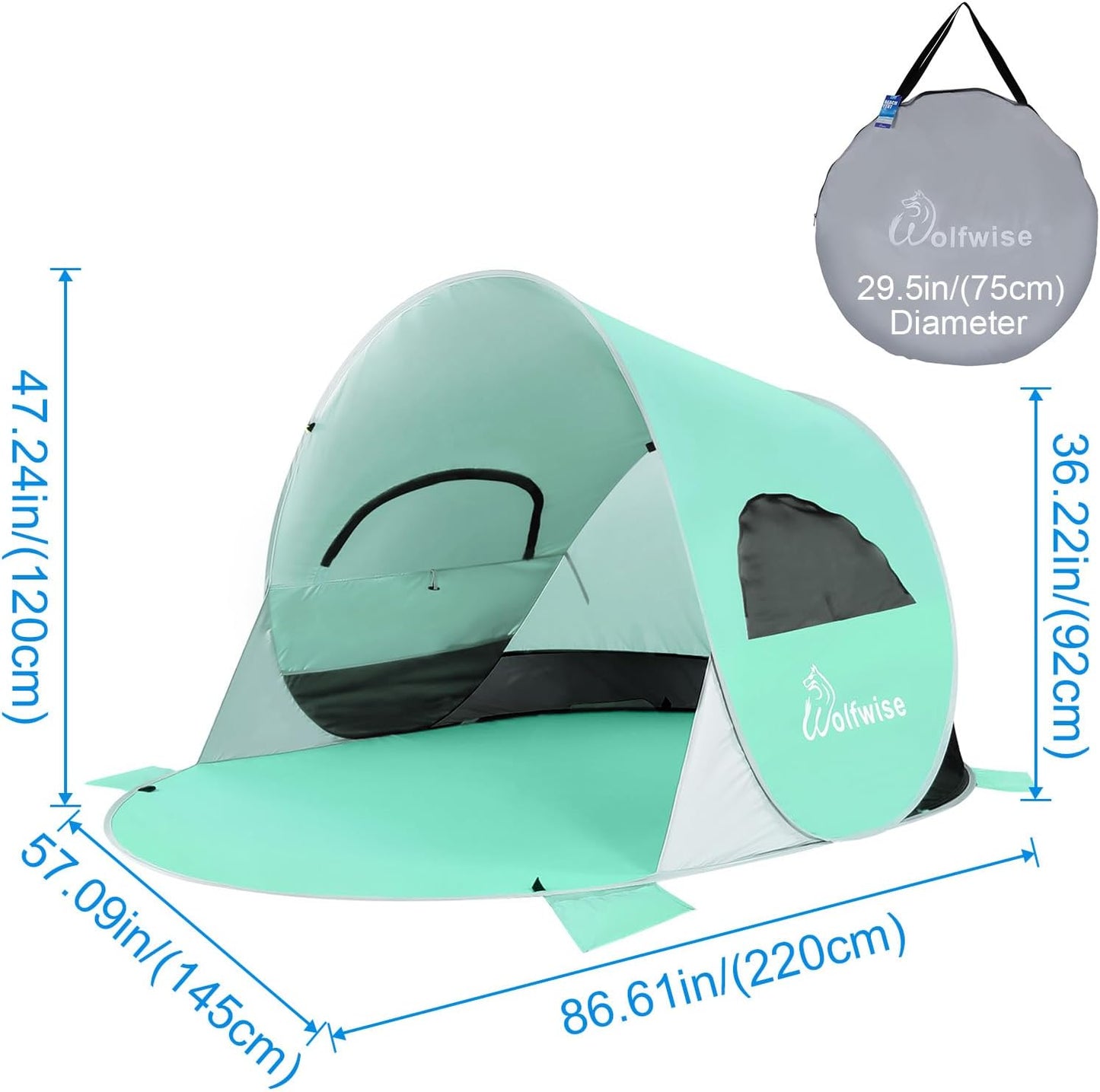 WolfWise UPF 50+ Easy Pop Up 3 Person Beach Tent Sport Umbrella Instant Sun Shelter Tent Sun Shade Canopy, Mint Green