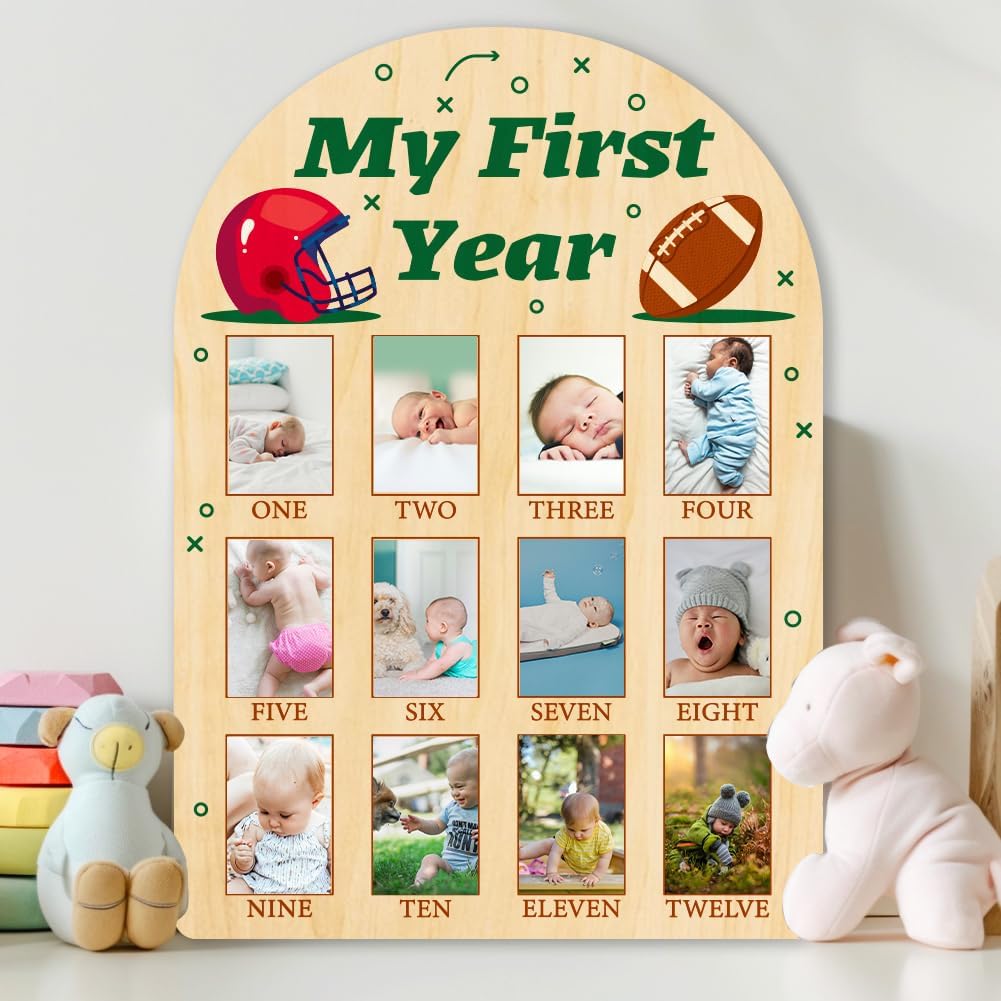 ORIGACH My First Year Baby Growth Photo Display Wood Board - 12 Months Newborn Milestones Photo Board - Neutral Baby Keepsake Frame 1st Birthday Party Nursery Decor New Mom Gift - Football