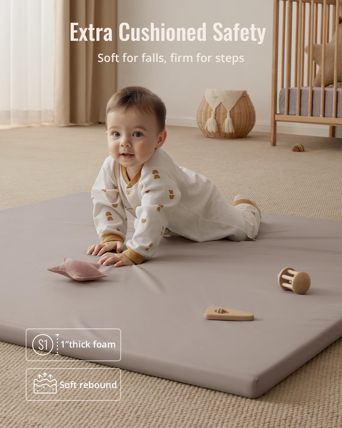 Blissful Diary Vegan Leather Baby Play Mat, 50x50 Thicken Foam Cushioned & Waterproof Playpen Mat for Infants and Toddlers, Stylish and Just Wipe-Clean Playmat for Baby Play on Floor, Brown Gray