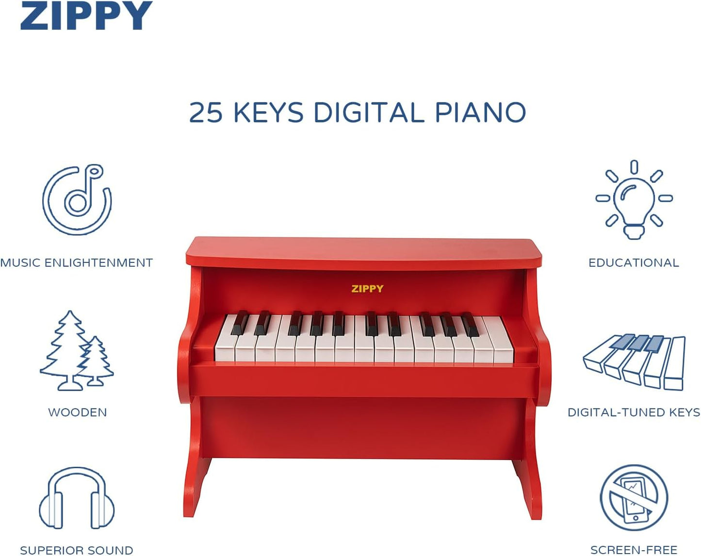 ZIPPY Kids Piano Keyboard, 25 Keys Digital Piano for Kids, Mini Music Educational Instrument Toy, Wood Toy for Toddlers Girls Boys (Red)