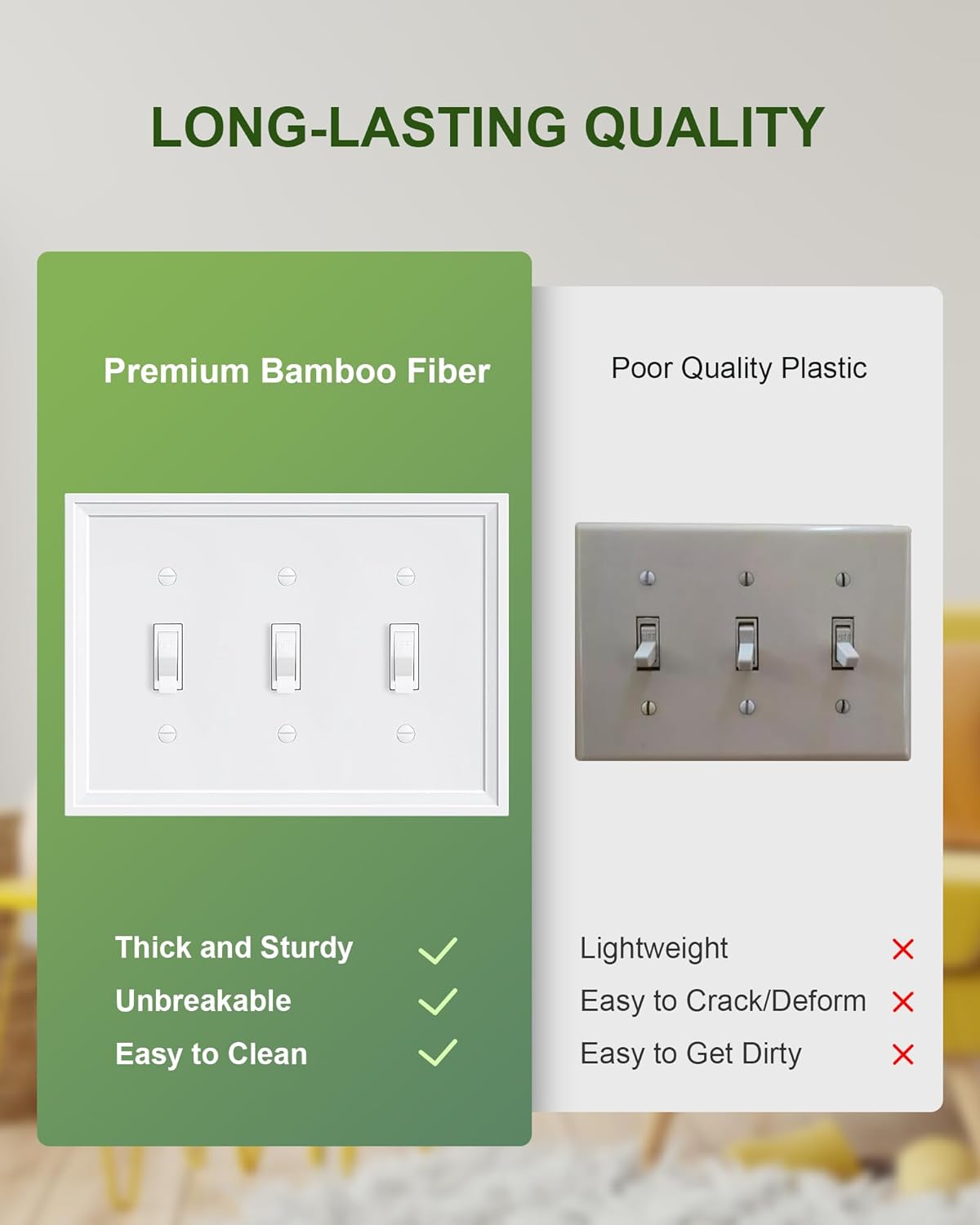 2-Pack Triple Toggle Light Switch Cover Plate, White Decorative Switch Plate Covers, Natural Bamboo Fiber 3 Gang Wall Plate, Corrosion Resistant