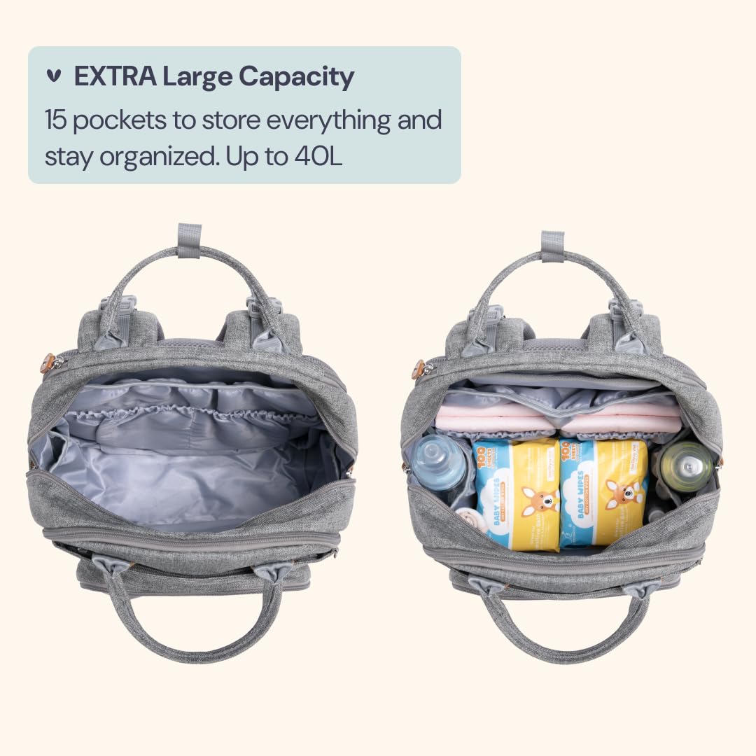 BabbleRoo Extra Large Diaper Bag Backpack, Expandable Baby Bag with Up to 50% More Capacity - Travel Essentials Baby Bag Tote with Changing Pad, Stroller Straps & Pacifier Case - Unisex, Light Gray