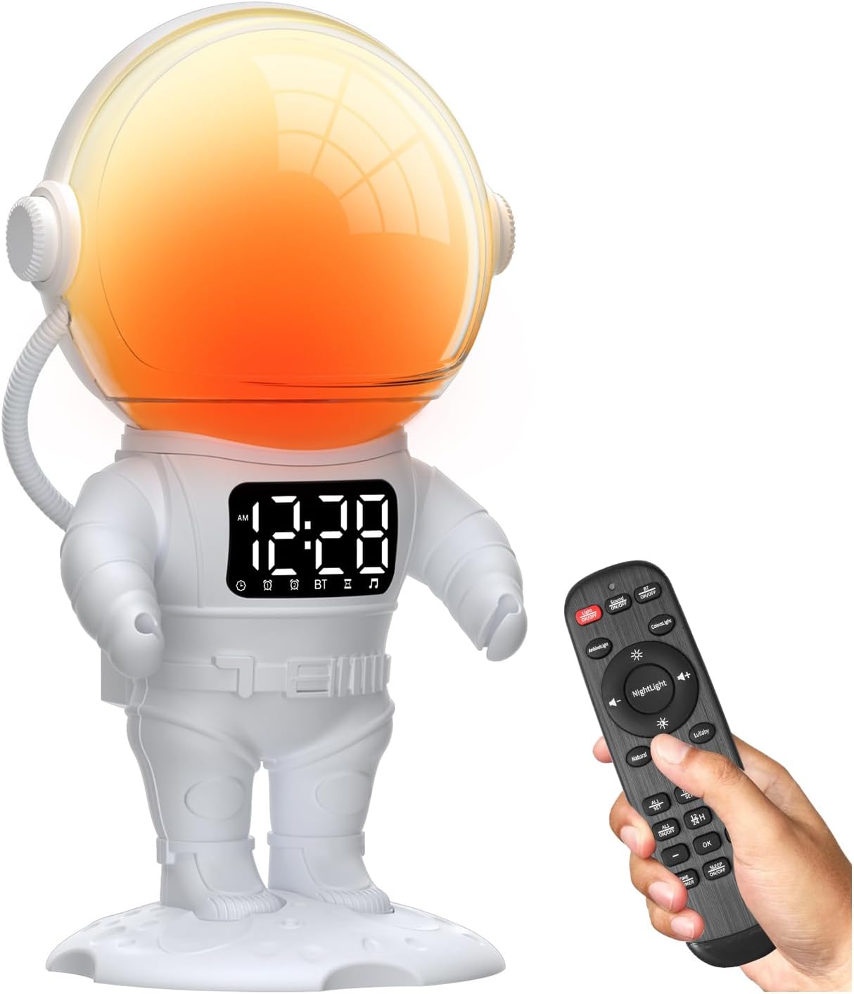 Astronaut Sunrise Alarm Clock for Kids, White Noise Sound Machine with 30 Soothing Sounds, 22 Dimmable Nightlights, Bluetooth Speaker, Dual Digital Alarm Clocks, Wake Up Light for Bedroom, Adults