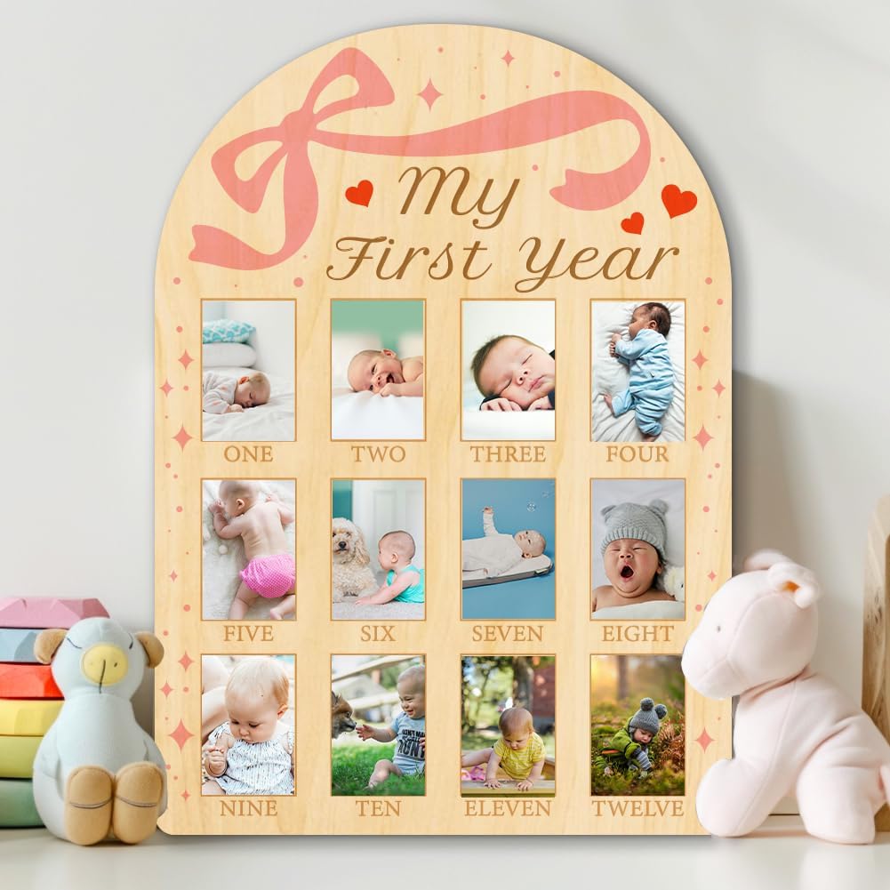 ORIGACH My First Year Baby Growth Photo Display Wood Board - 12 Months Newborn Milestones Photo Board - Neutral Baby Keepsake Frame 1st Birthday Party Nursery Decor New Mom Gift - Bow & Heart