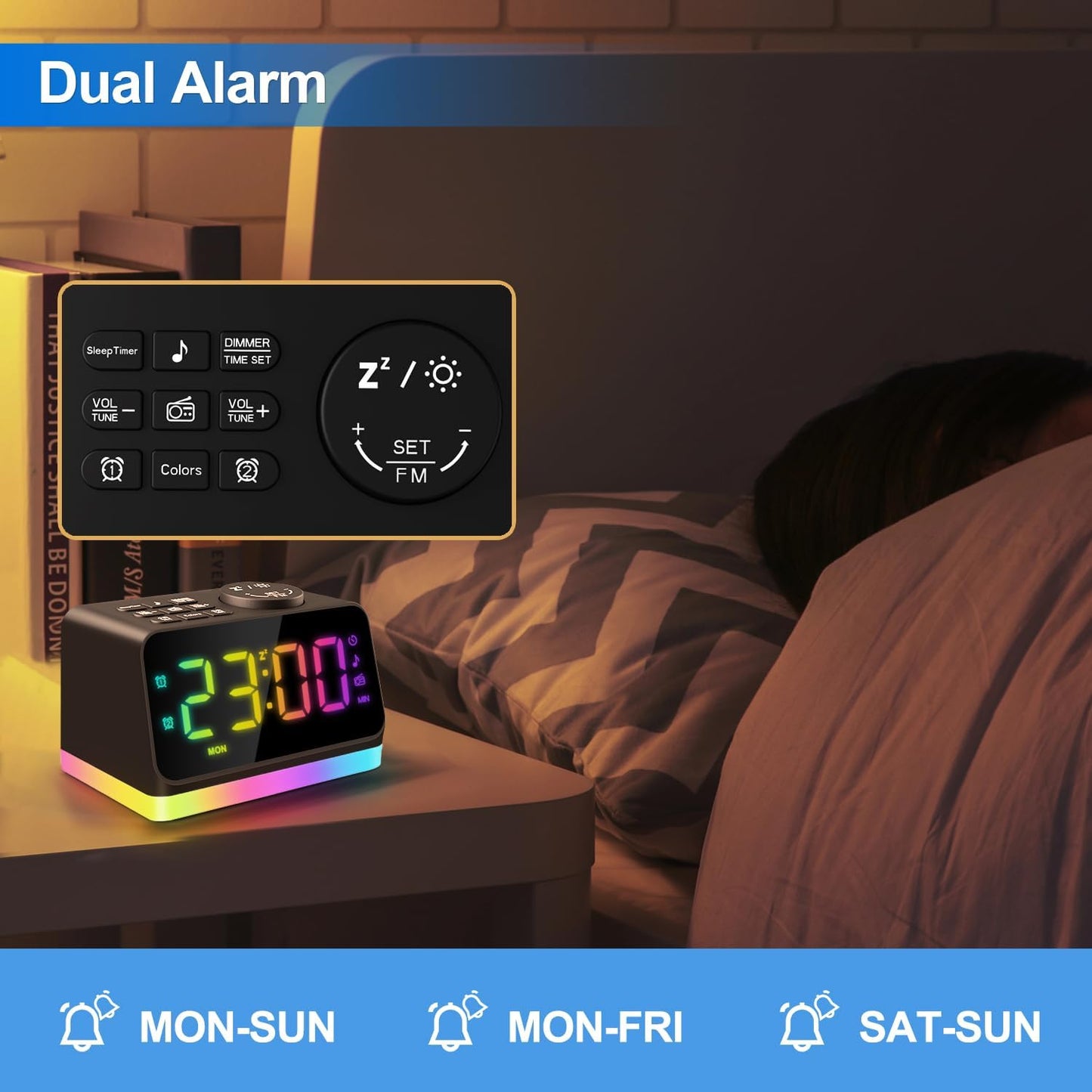 JALL Digital Alarm Clock with FM Radio for Bedroom, 8 Colors Night Light with Charging Port, Sleep Sound Machines with Timer, Dual Alarm (Black with RGB Font)
