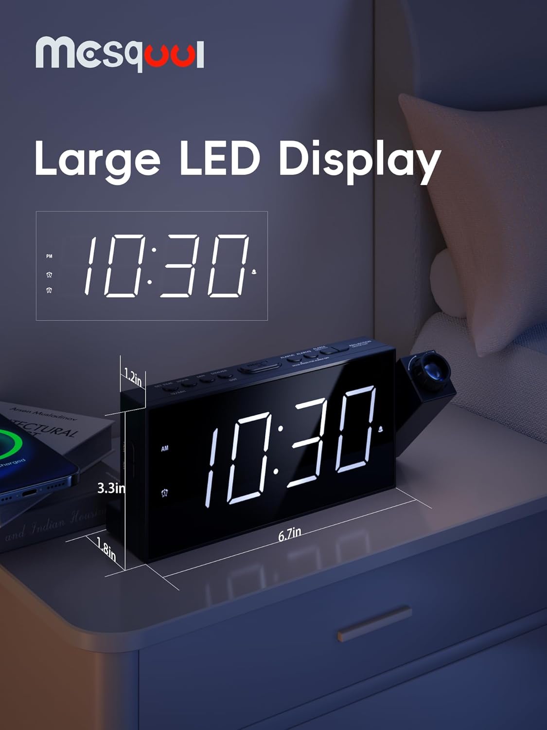 Digital Projector Alarm Clocks for Kids Bedroom,Plug-in LED Display Clock with 180° Projection on Ceiling Wall,Dual Alarms for Heavy Sleepers,Battery Backup,USB Charging Port,Easy-to-Set,Dimmer,Snooze