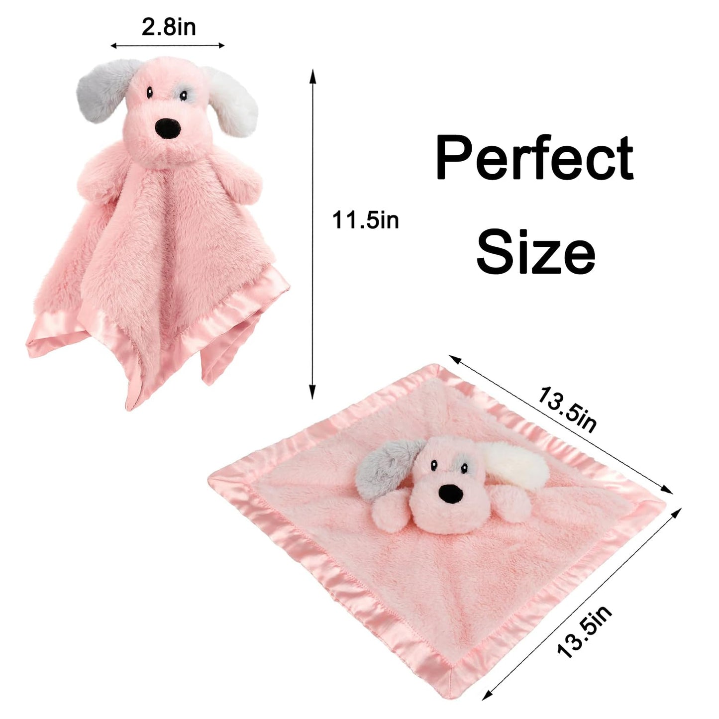 Puppy Baby Security Blanket for Toddler Infant Newborn Boys and Girls Soft Lovey Stuffed Animal with Plush Fabric and Satin Backing, Lovely Snuggle Toy, Pink 13.5 Inch