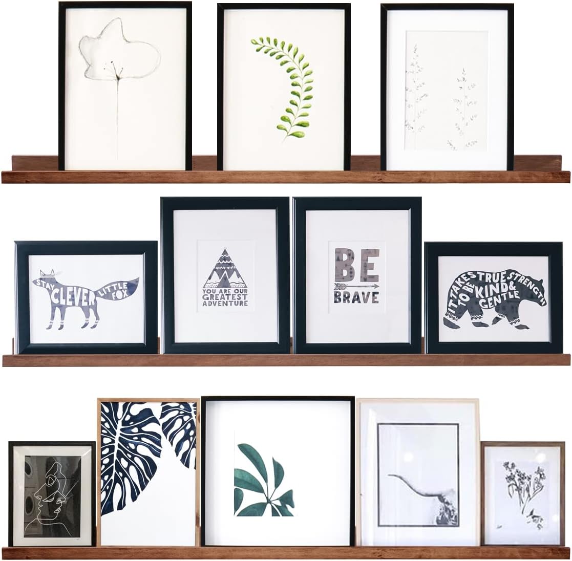 AZSKY Floating Wood Wall Shelves Light Walnut 48 Inch Long Hanging Picture Photo Ledge Shelf Rustic Modern Narrow Shelves for Wall Decor Storage and Display Nursery Book Shelves a Set of 3