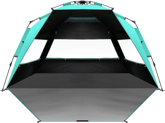 OutdoorMaster Beach Tent with Blackout Shelter Technology, Portable Beach Shade Sun Shelter Canopy for 4-6 Person with UPF 50+ UV Protection, Easy Setup Pop Up Tent Family Size