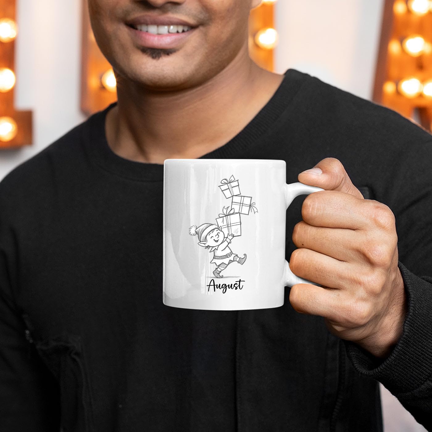 Elf With Box Coffee Mug Gift For Men Boy Grandson Christmas, Personalized Name Kids Accent Teacup, Customized Elf Travel Coffee Cup Gift For Nephew on Birthday Christmas, Elves White Mug 11 Oz 15 Oz