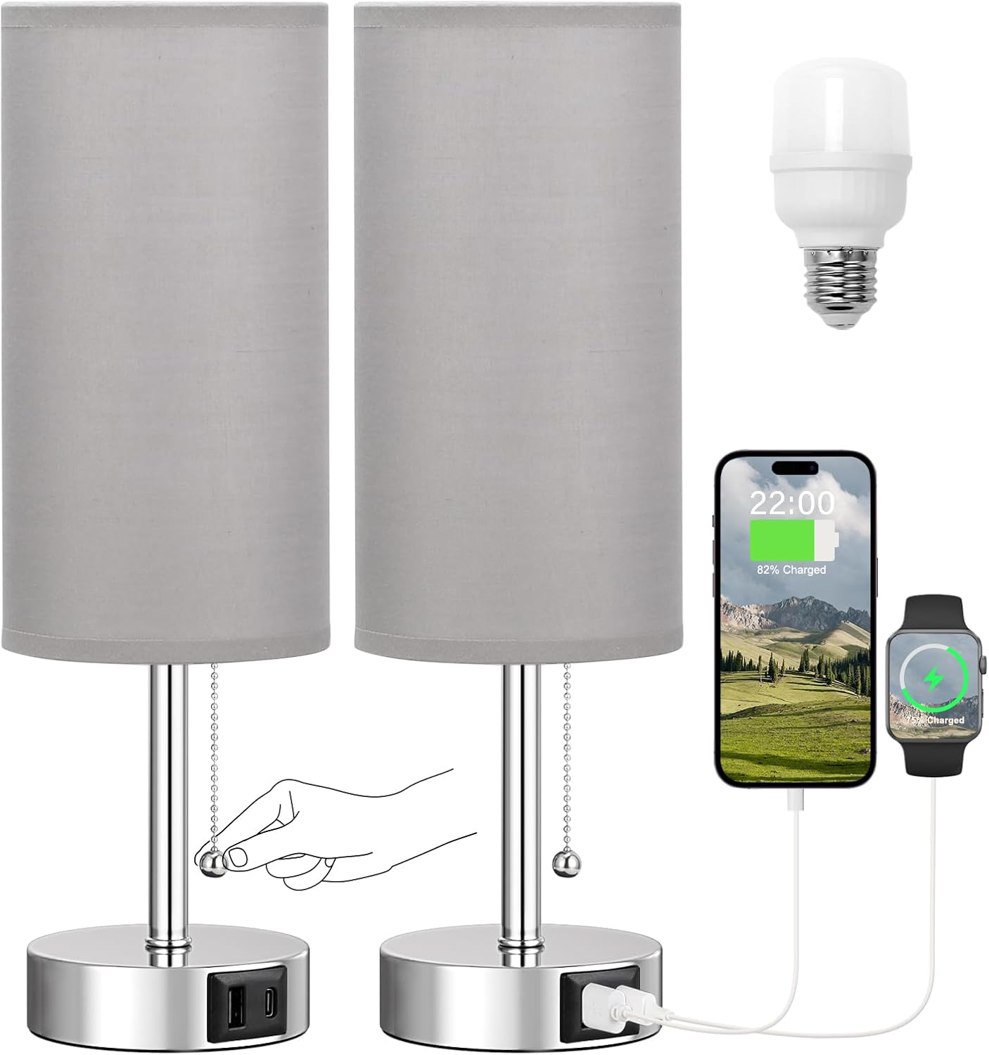 Silver Bedside Lamps for Bedroom Set of 2 - Nightstand Table Lamp with USB A + C Charging Port, 3 Color Temperatures Pull Chain Night Stand Light, Side Table Desk Reading Lamp for Living Room/Dorm