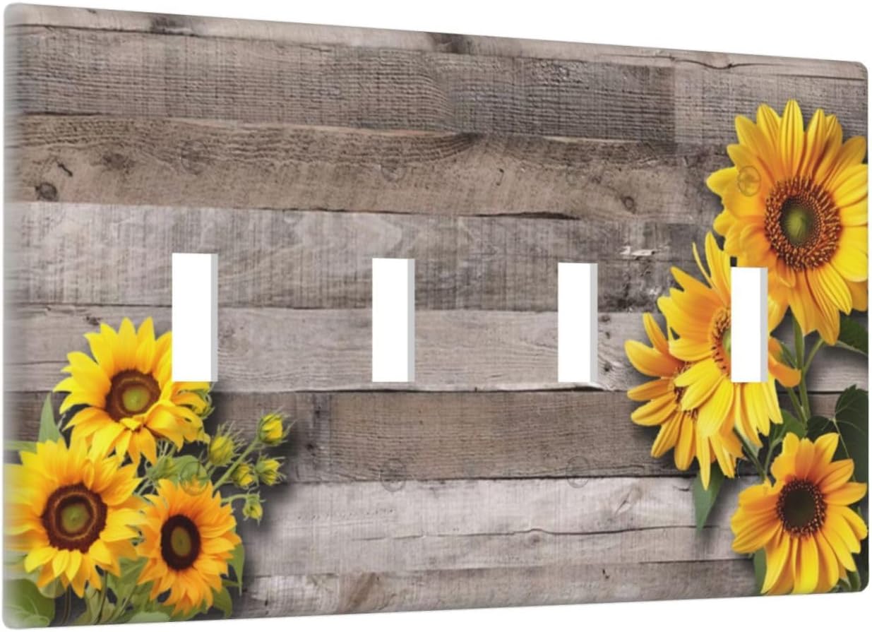 Sunflower Rustic Brown Gray Wood Light Switch Covers Quad Toggle Electrical Faceplate 4 Gang Wall Plate Decorative Switch Plates for Farmhouse Home Decor