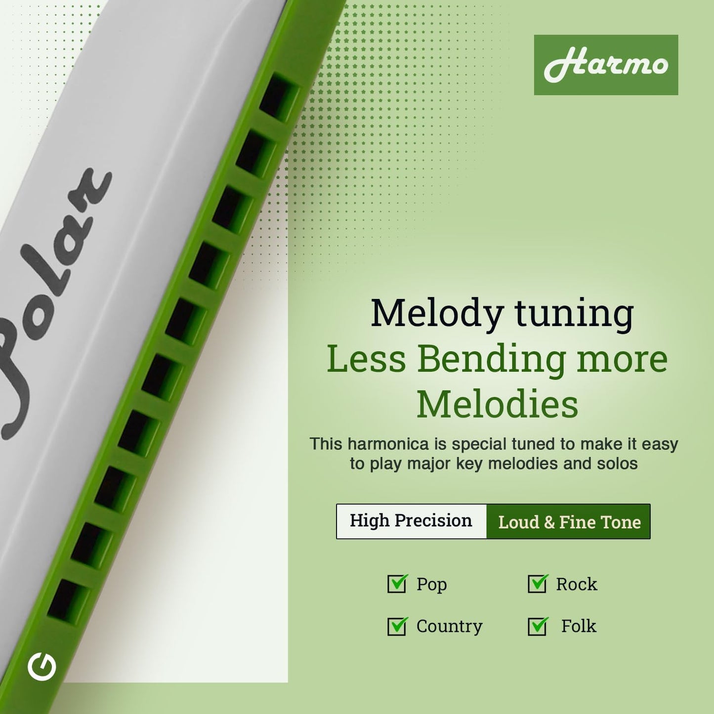 Polar Diatonic Melody Tuned Harmo Harmonica Key of G - Special Tuning for Easy Melodies in Cross Harp, 2 Octaves Without Bends, Loud & Responsive with Smooth Edges - USA-Checked