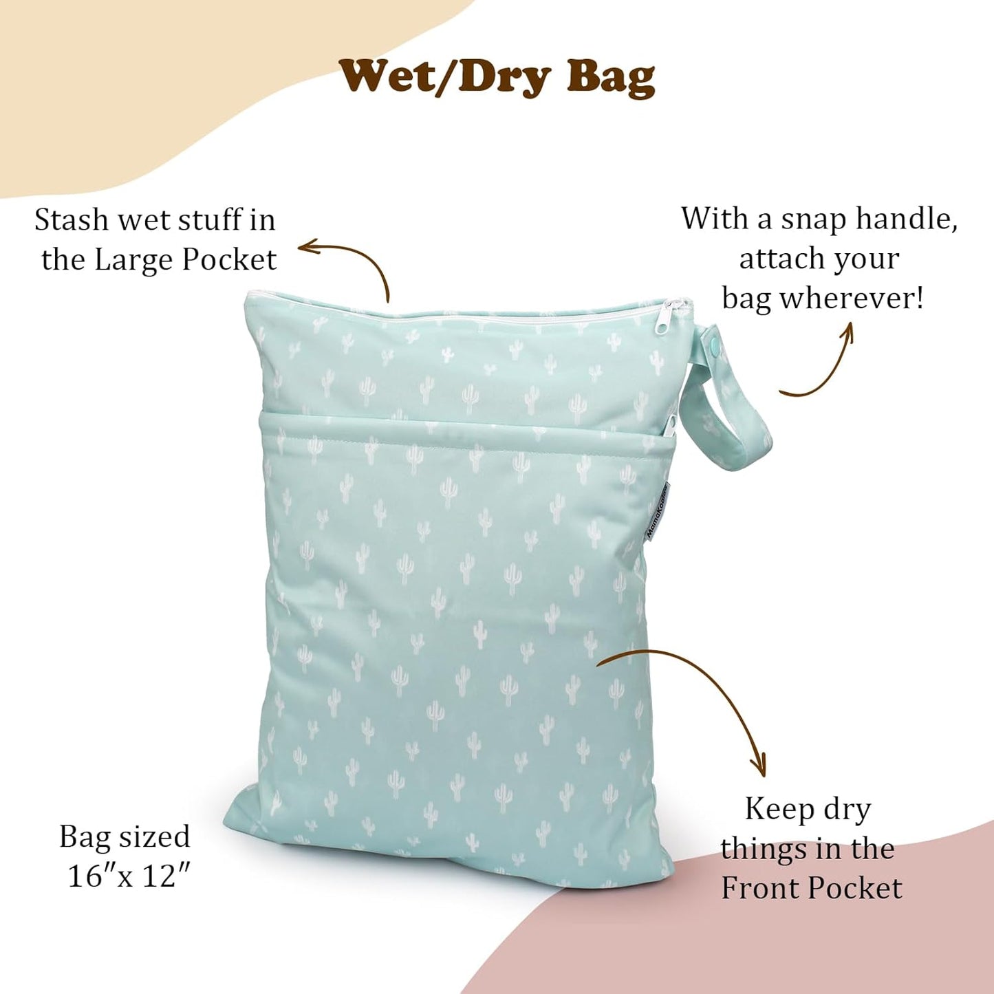 Mama Koala Waterproof Wet Dry Bags for Baby Items, Cloth Diapers, Swimsuits, Travel, Gym Clothes, Beach, Pump Parts, Toiletries, Two Zippered Pockets, 2 Pack (W017)