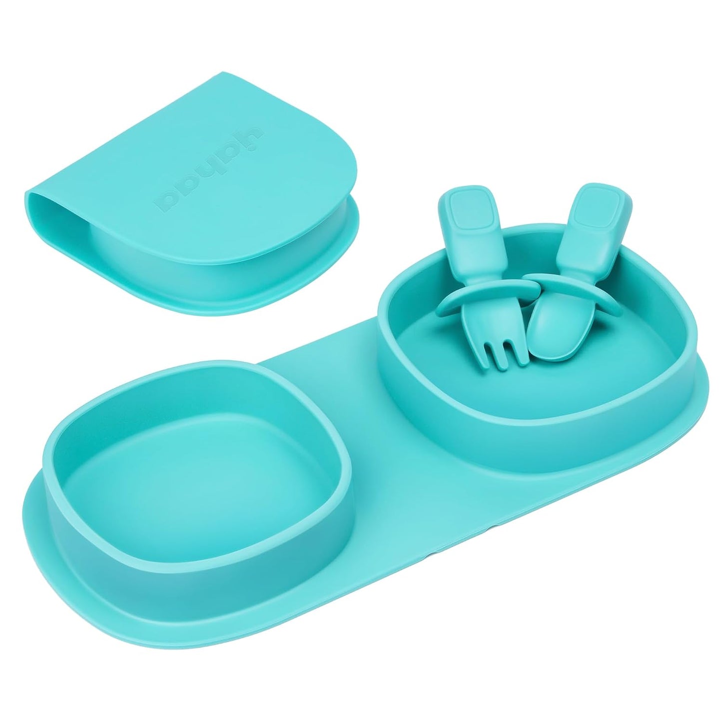 Silicone Foldable Novelty Dinner Plates,Baby Plates Travel Essential with Forks and Spoons,Microwave & Dishwasher Safe,Aqua