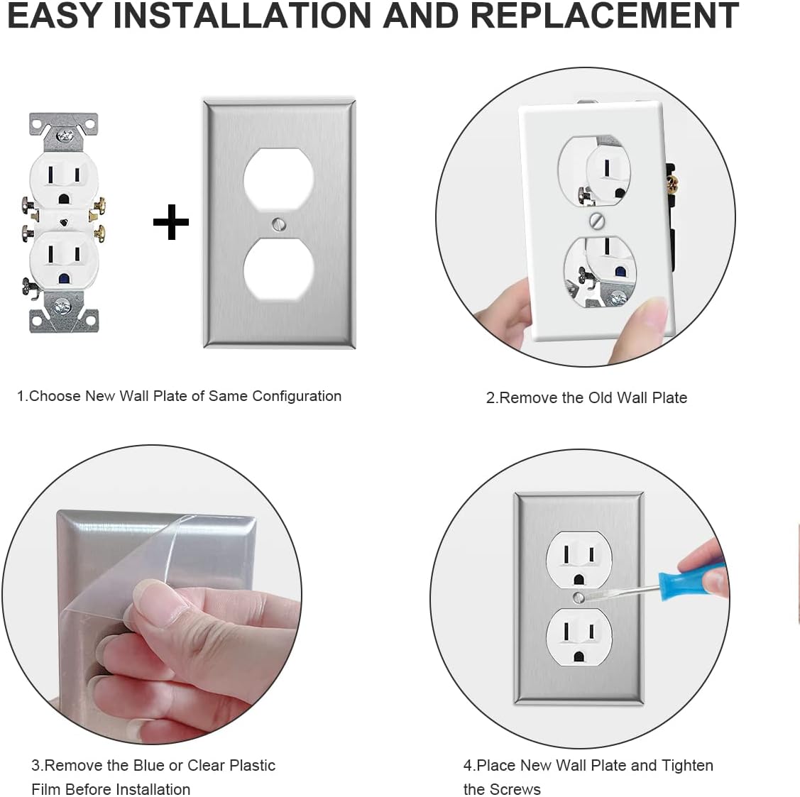 10-Pack Single Duplex Wall Switch Plate Outlet Cover - Stainless Steel Decorator Receptacle Outlet Plate Covers - Brushed Finish - Silver