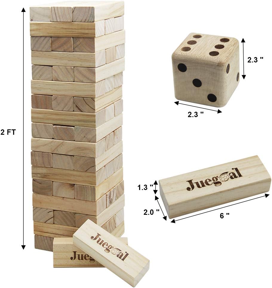 Juegoal 54 Pieces Giant Tumble Tower Blocks Game Giant Wood Stacking Game with 1 Dice Set Canvas Bag for Adult, Kids, Family