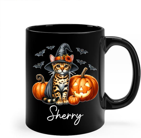 Personalized Name Bengal Wearing Witch Hat Coffee Mug, Custom Bengal Halloween Ceramic Cup, Spooky Cat Pumpkins Mug 11oz 15oz, Pet Halloween Black Cup, Gift for Cat Dad Mom Family Friend