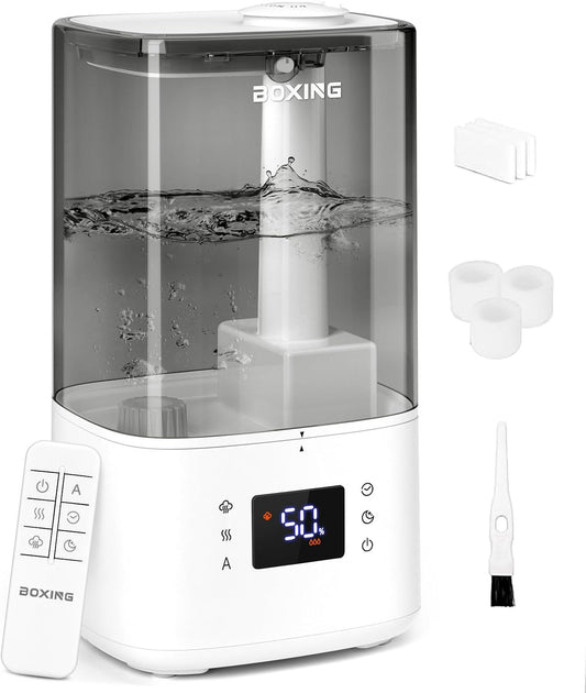 BOXING 6L Warm & Cool Mist Humidifiers for Bedroom, Air Humidfier for Large Room with Remote Control, Auto Mode Perfect for Baby & Plants, Top Fill, Sleep Mode, Timer, Essential Oil Tray, 60H