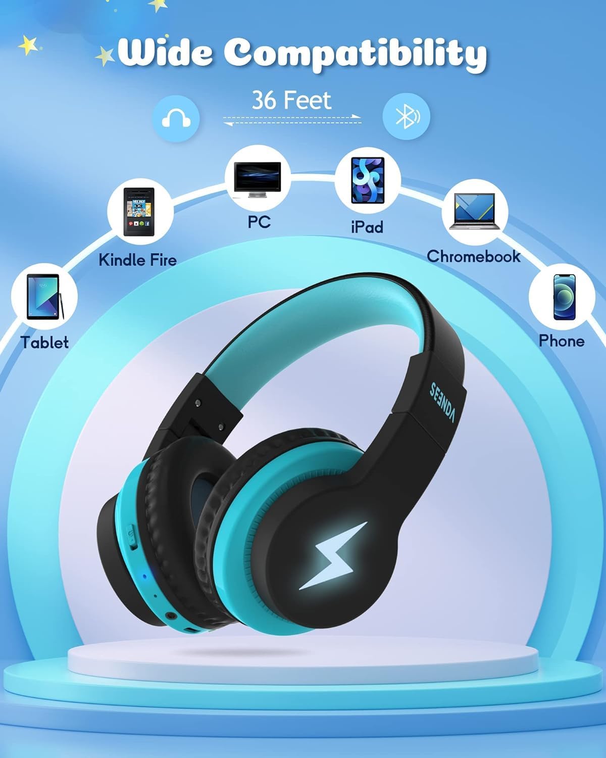 seenda Kids Bluetooth Headphones Boys, Kids Wireless Headphones with 85/94dB Volume Limited, 45H Playtime, 3 Lighting Modes, Built-in Mic, Over Ear Headset with Aux Cord for iPad/Tablet/Travel/School