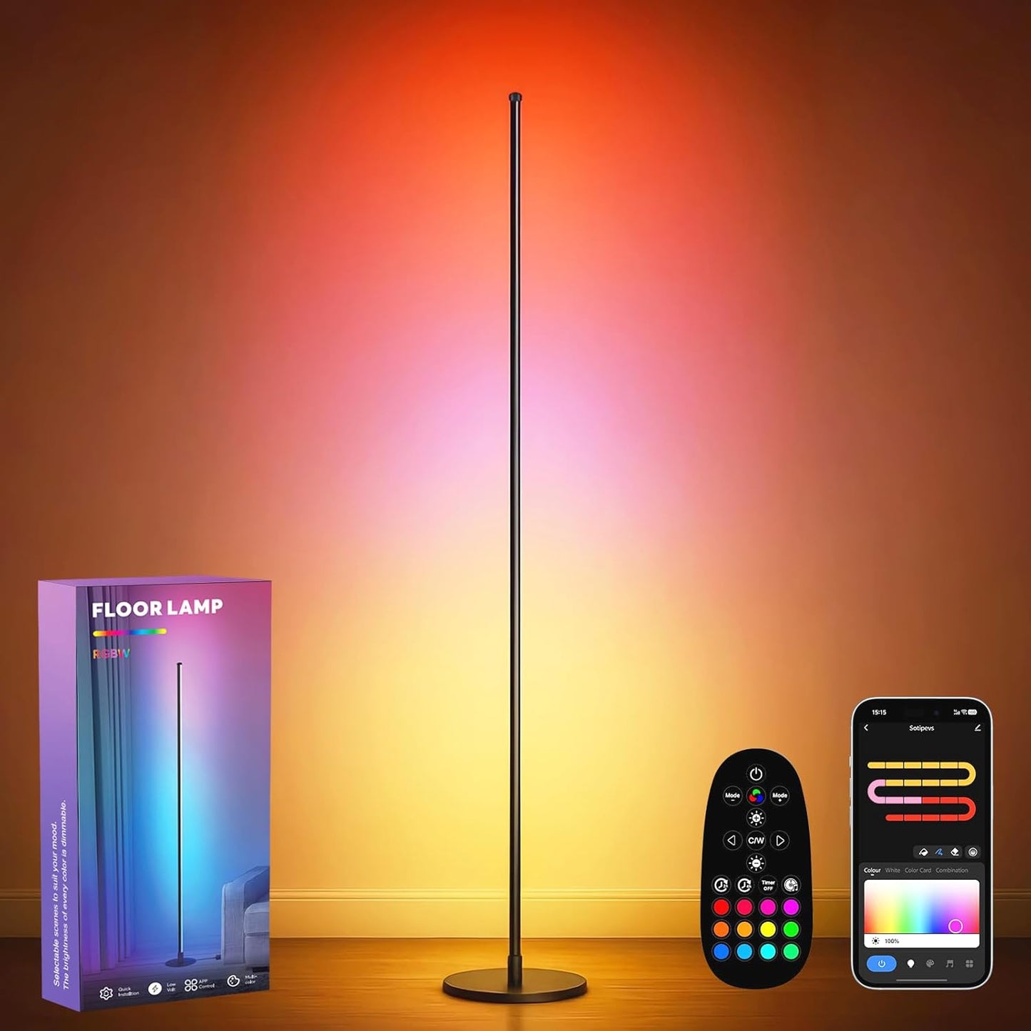 Corner Floor Lamp, Smart RGBICW LED Corner Lamp with App and Remote Control, 16 Million DIY Colors, Music Sync, Modern LED Floor Lamp for Living Rooms, Bedrooms, and Gaming Rooms