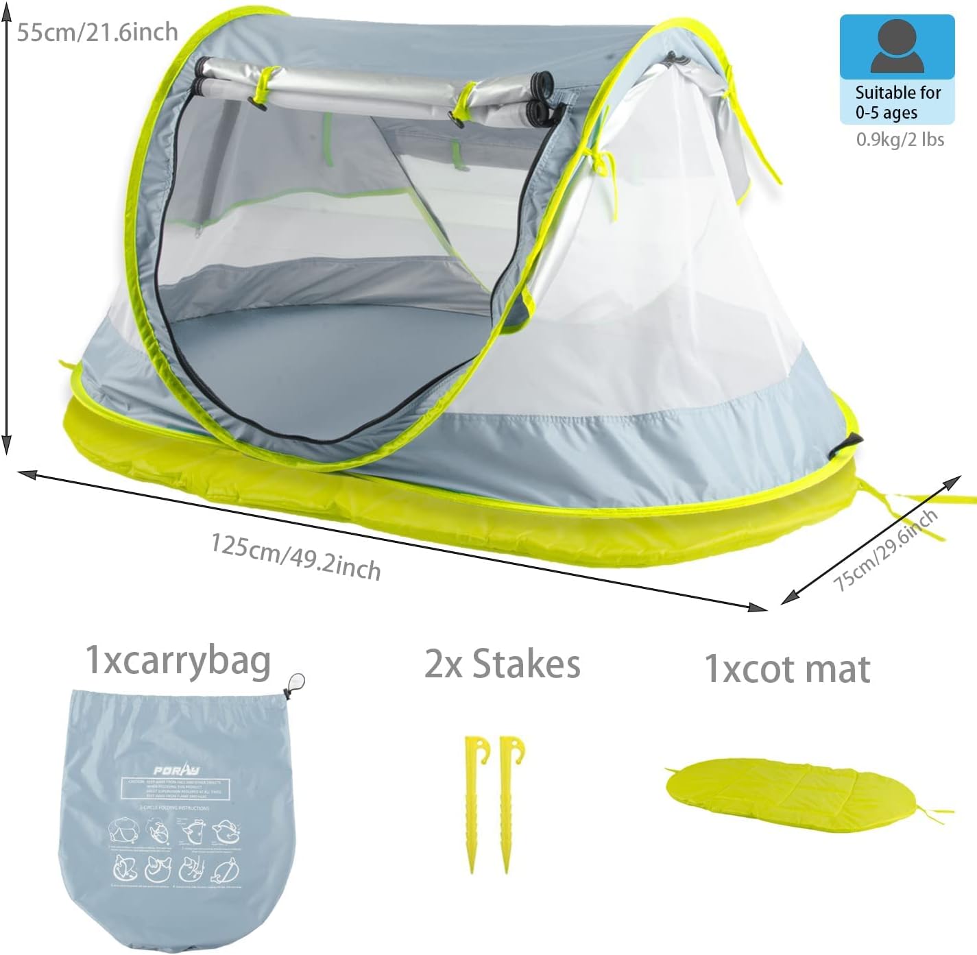 Poray Portable Baby Beach Tent with UPF 50+ Sun Shelter,Mosquito Net and Sunshade, Ideal Pop Up Kids Travel Tent with Carry Bag & 2 Stakes,Outdoor Indoor Play and Sun Protection