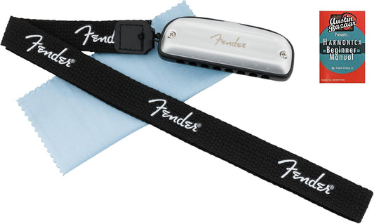 Fender Blues Junior Diatonic 8-Hole Harmonica - Key of G Bundle with Polishing Cloth and Austin Bazaar Instructional Manual