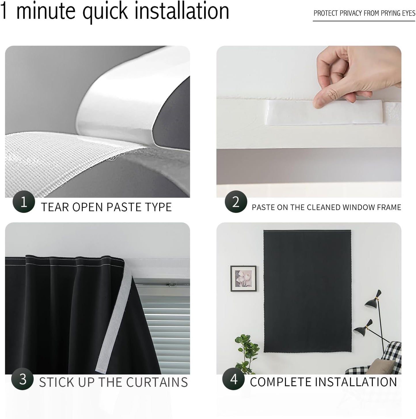 Adhesive Blackout Curtains- Self Stick Shades Window Blinds Curtains No Rod Needed Easy to Hang Curtains, Use for Bedroom, Living Room, Dining Room, Kitchen, Home Office, 59"W X 84"L, Black, 1 Panel