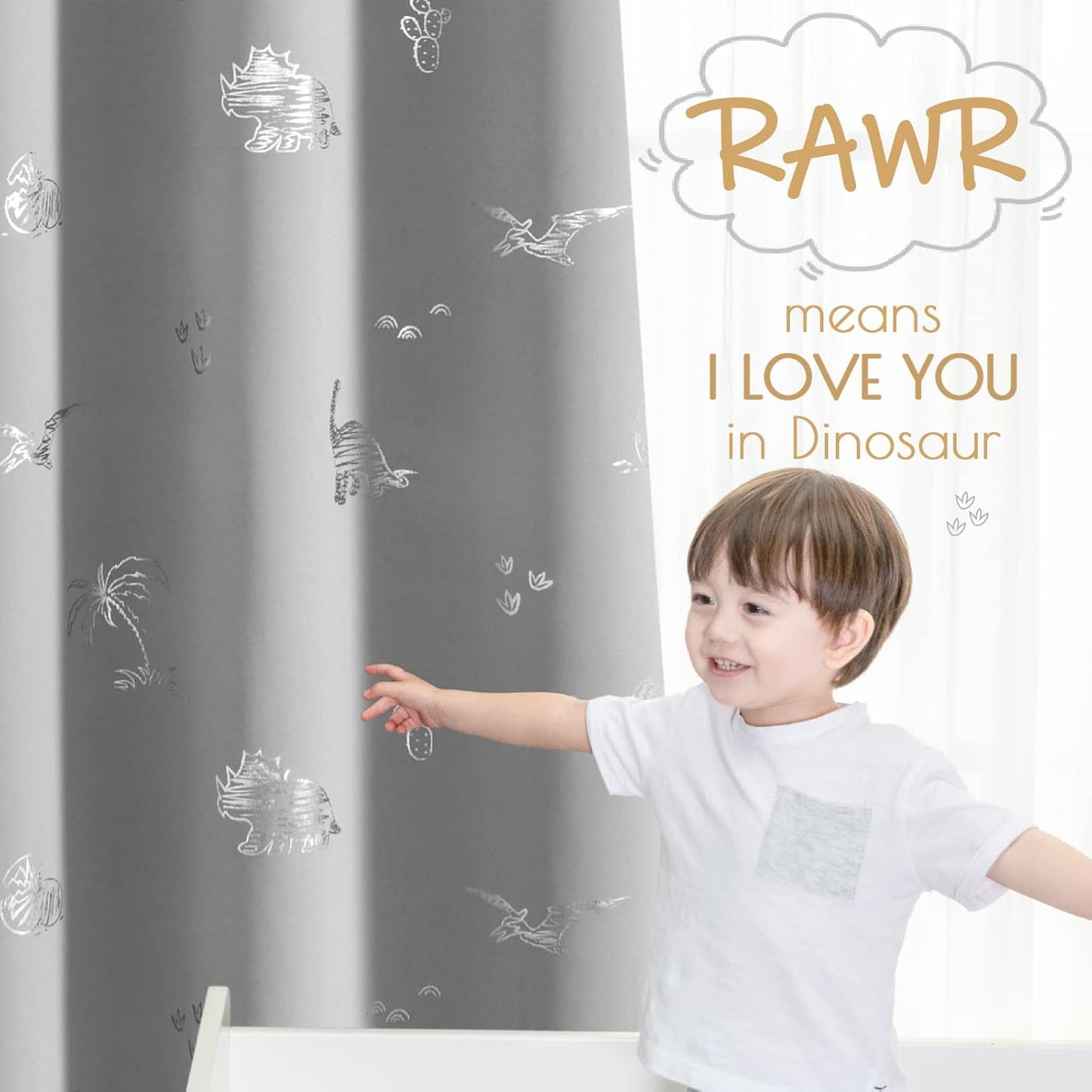 Vangao Grey Blackout Curtains Dinosaur Curtains for Boys Kids Nursery Girls Room Silver Dino Foil Print Thermal Insulated Grommet Top Window Drapes 63 Inches Length 2 Panels